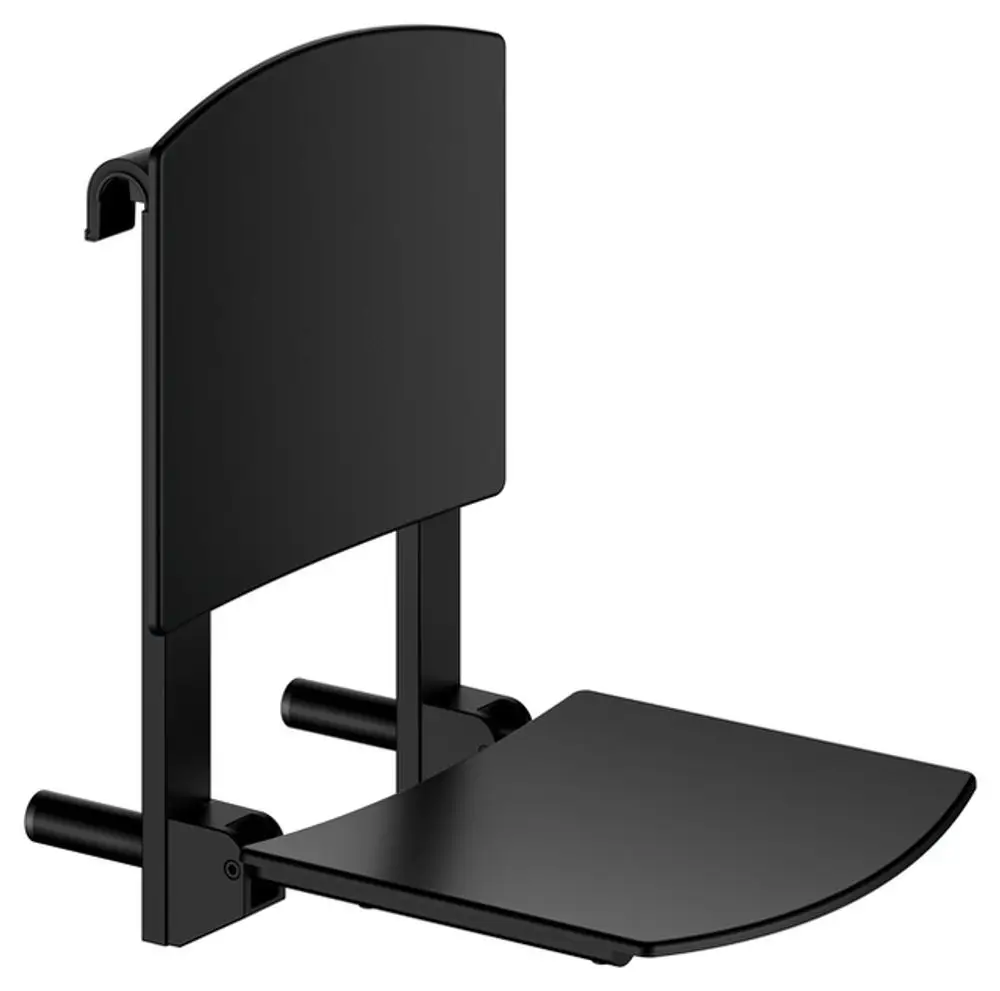 Schwarzer Klappsitz von Keuco, zum Einhängen konzipiert. Bietet eine flache Sitzfläche und eine Rückenlehne für Unterstützung. Geeignet für Badezimmer und Pflegebereiche.